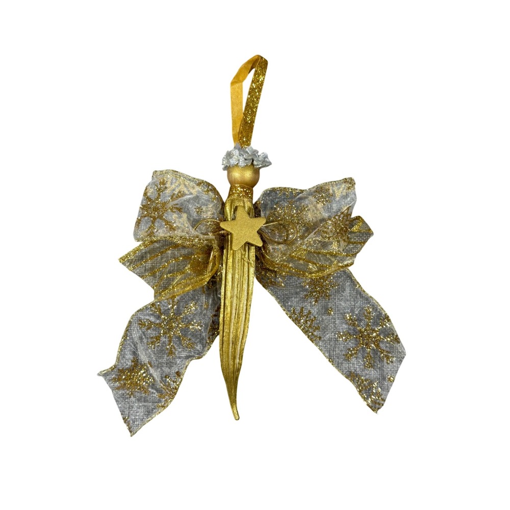 VTG Handmade Okra Angel Christmas Ornament Gold Silver Snowflake Folk Art Rustic